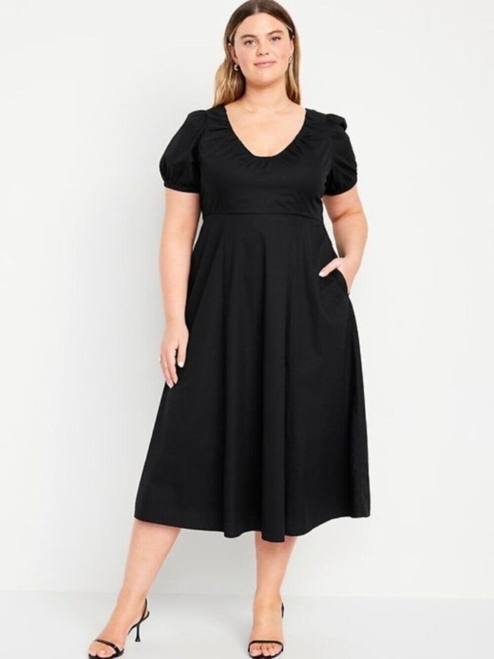 Old Navy Black Puff Sleeve Midi V-Neck Smocked Back Swing Dress Size XXL NWT